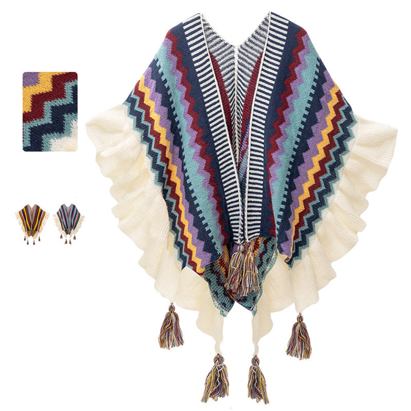 Châle tibétain en Buddha Stones, écharpe de voyage confortable à rayures colorées et à pompons - image 0