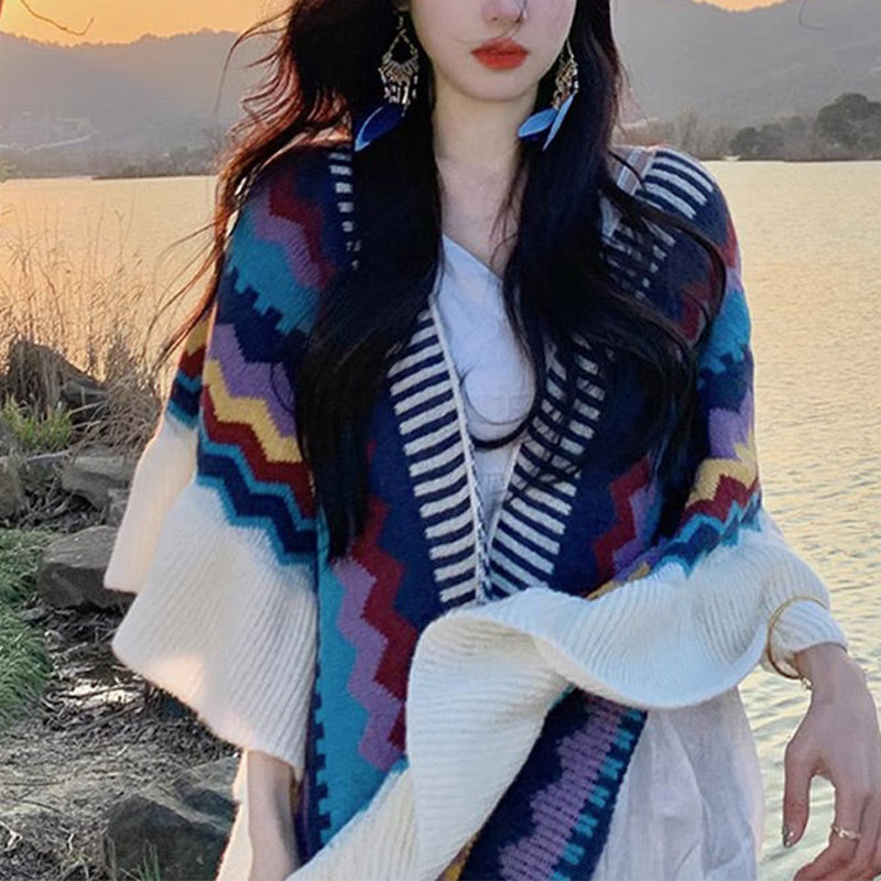 Châle tibétain en Buddha Stones, écharpe de voyage confortable à rayures colorées et à pompons - image 3