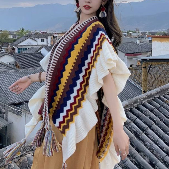 Châle tibétain en Buddha Stones, écharpe de voyage confortable à rayures colorées et à pompons - image 15