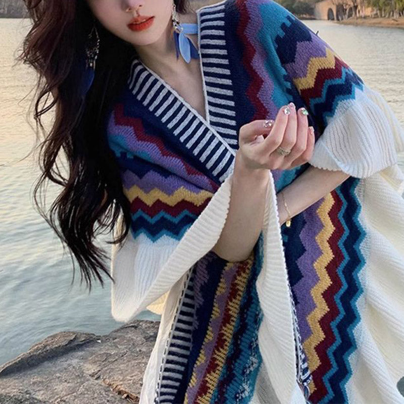 Châle tibétain en Buddha Stones, écharpe de voyage confortable à rayures colorées et à pompons - image 4