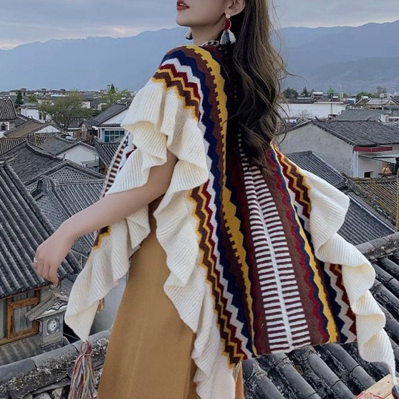 Châle tibétain en Buddha Stones, écharpe de voyage confortable à rayures colorées et à pompons - image 16