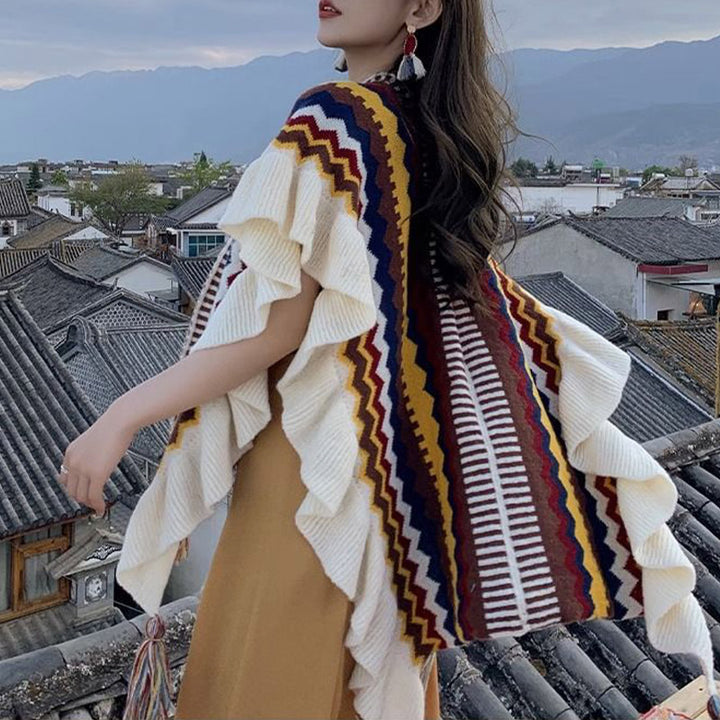 Châle tibétain en Buddha Stones, écharpe de voyage confortable à rayures colorées et à pompons - image 16