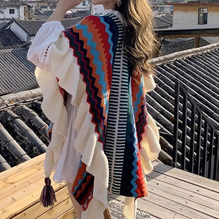 Châle tibétain en Buddha Stones, écharpe de voyage confortable à rayures colorées et à pompons - image 22