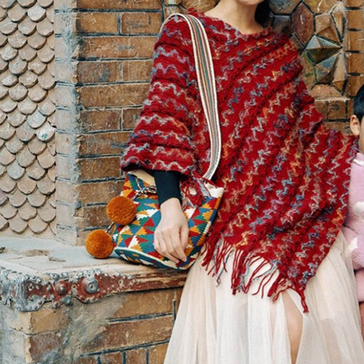 Châle rayé coloré tibétain avec Buddha Stones et pompons, pull d'hiver confortable pour voyage - image 16