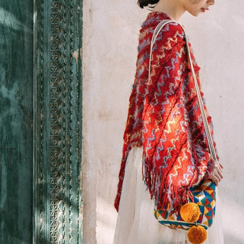 Châle rayé coloré tibétain avec Buddha Stones et pompons, pull d'hiver confortable pour voyage - image 15