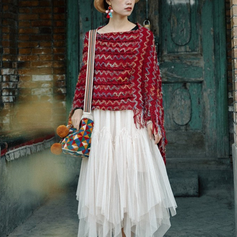 Châle rayé coloré tibétain avec Buddha Stones et pompons, pull d'hiver confortable pour voyage - Rouge 85*75cm - image 0
