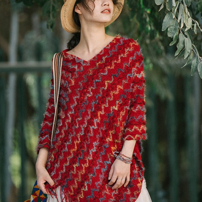 Châle rayé coloré tibétain avec Buddha Stones et pompons, pull d'hiver confortable pour voyage - image 1