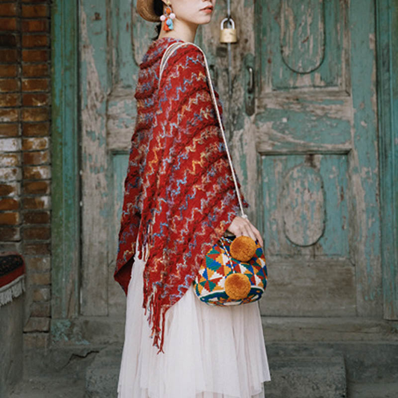 Châle rayé coloré tibétain avec Buddha Stones et pompons, pull d'hiver confortable pour voyage - image 8