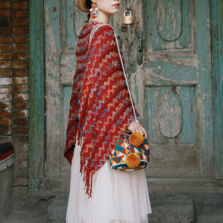 Châle rayé coloré tibétain avec Buddha Stones et pompons, pull d'hiver confortable pour voyage - image 8