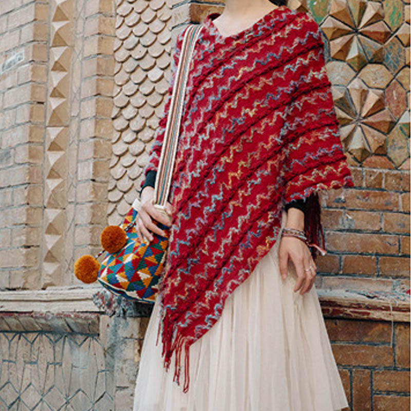 Châle rayé coloré tibétain avec Buddha Stones et pompons, pull d'hiver confortable pour voyage - image 17