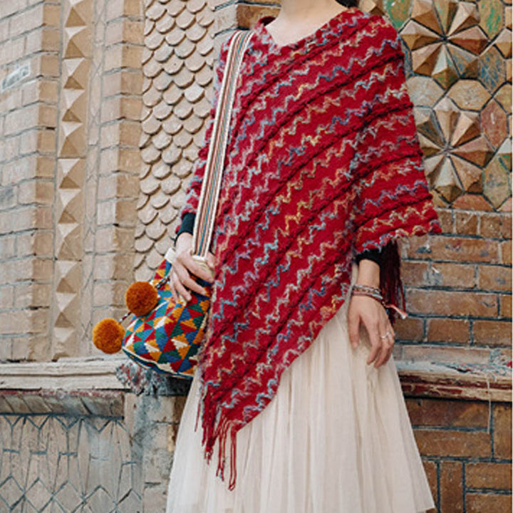 Châle rayé coloré tibétain avec Buddha Stones et pompons, pull d'hiver confortable pour voyage - image 17