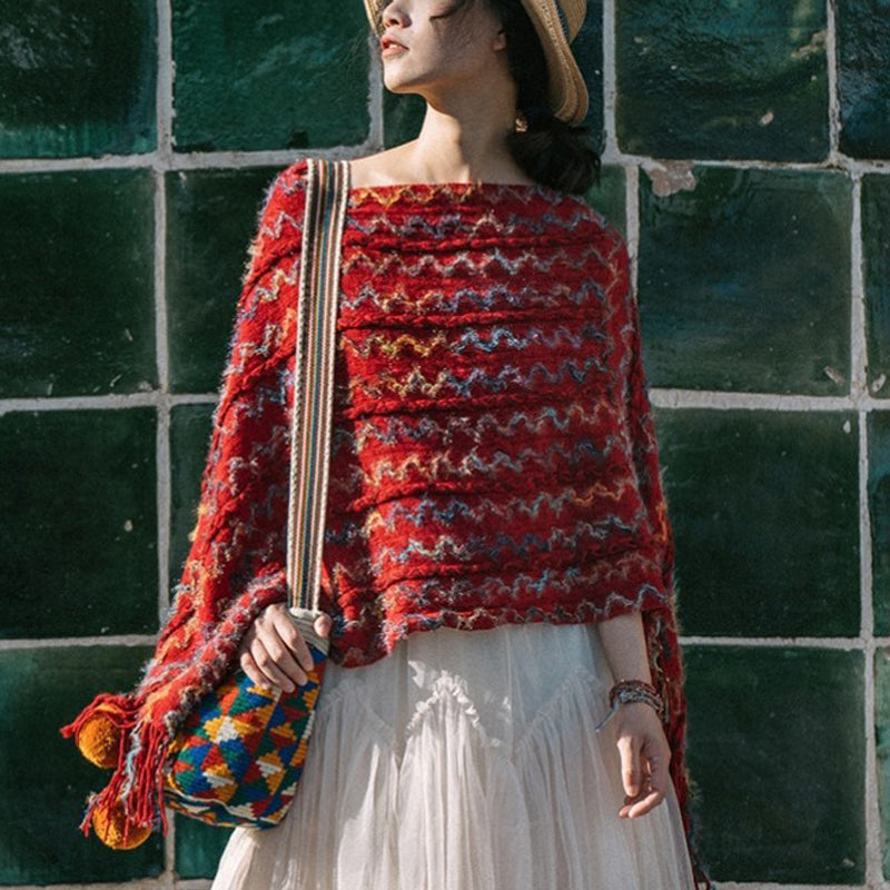 Châle rayé coloré tibétain avec Buddha Stones et pompons, pull d'hiver confortable pour voyage - image 2