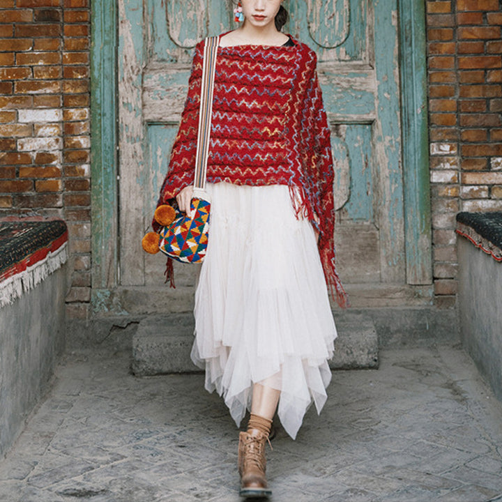 Châle rayé coloré tibétain avec Buddha Stones et pompons, pull d'hiver confortable pour voyage - image 6