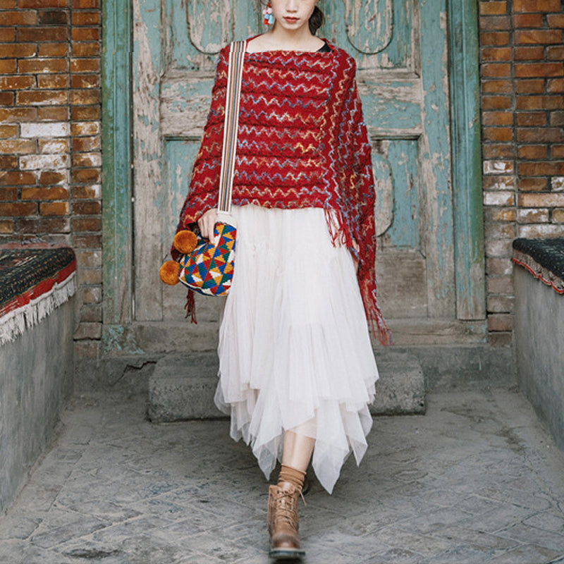 Châle rayé coloré tibétain avec Buddha Stones et pompons, pull d'hiver confortable pour voyage - image 6