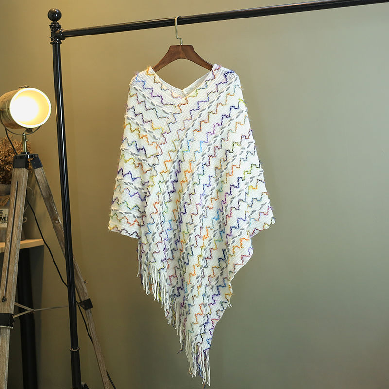 Châle rayé coloré tibétain avec Buddha Stones et pompons, pull d'hiver confortable pour voyage - Blanc 85*75cm - image 30