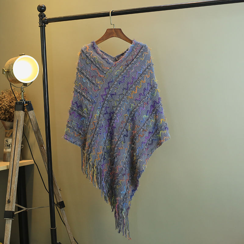 Châle rayé coloré tibétain avec Buddha Stones et pompons, pull d'hiver confortable pour voyage - Gris 85*75cm - image 36