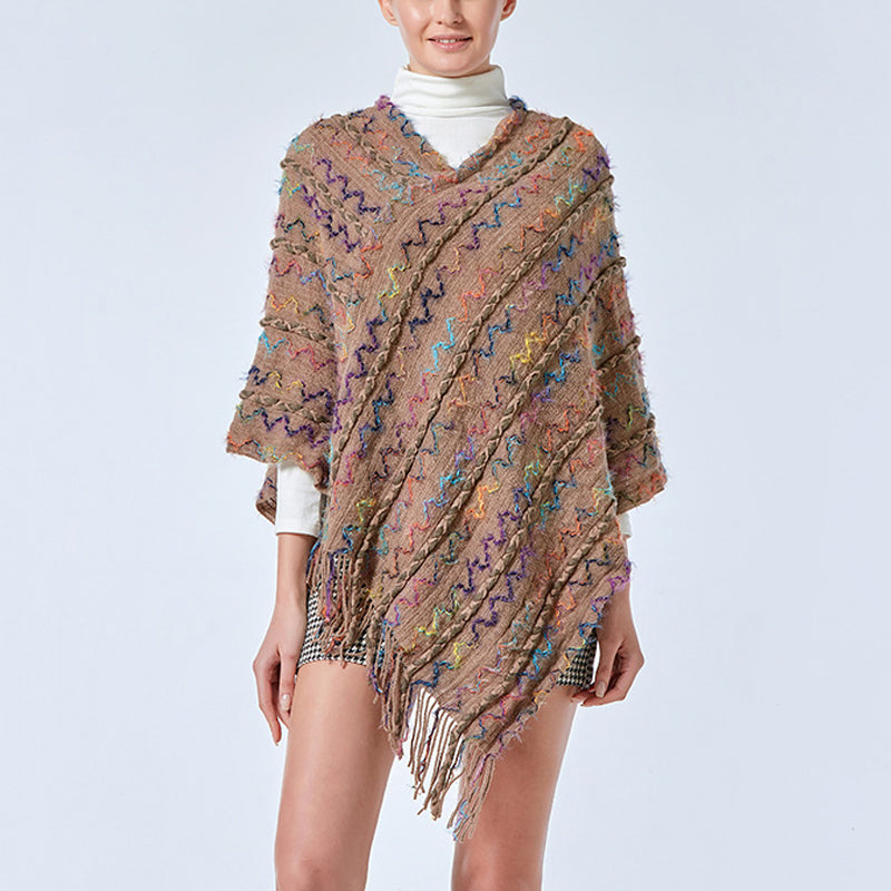Châle rayé coloré tibétain avec Buddha Stones et pompons, pull d'hiver confortable pour voyage