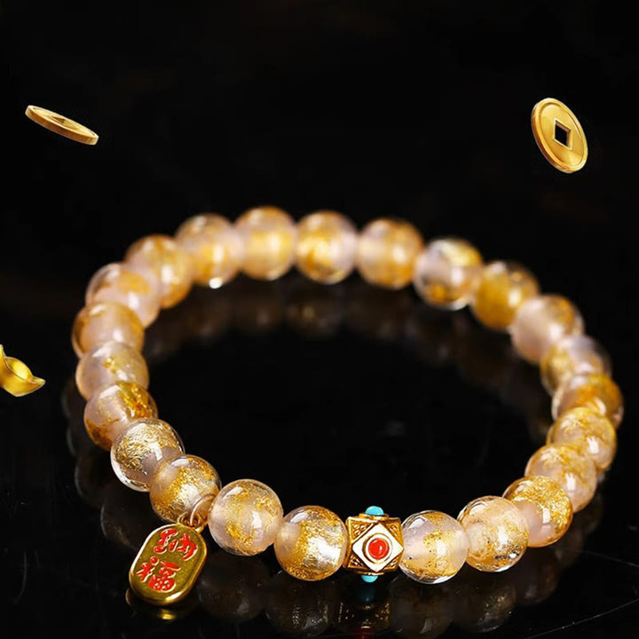 Bracelet porte-bonheur en perles de verre Liuli avec encens tibétain en Buddha Stones et personnage Fu
