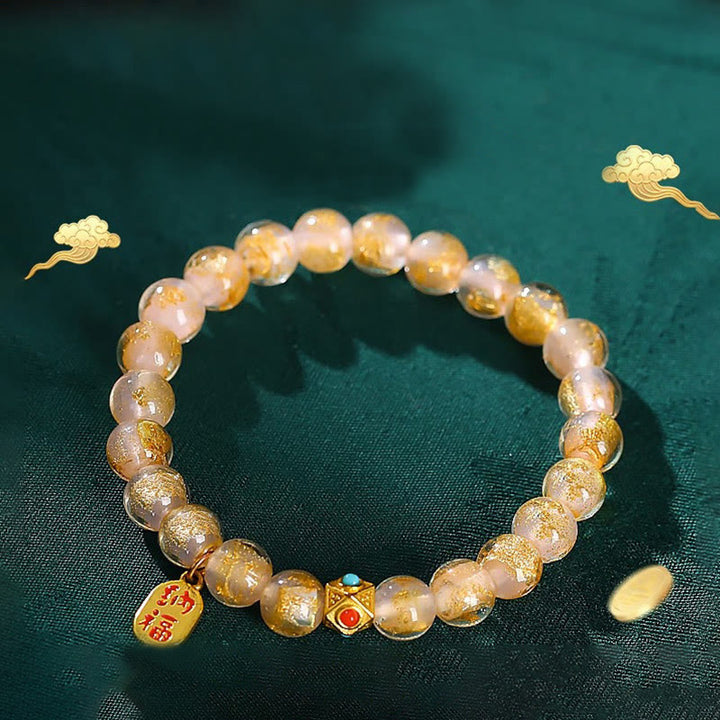 Bracelet porte-bonheur en perles de verre Liuli avec encens tibétain en Buddha Stones et personnage Fu