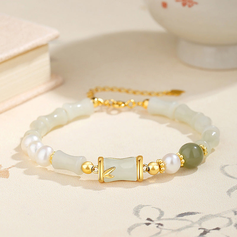 Bracelet porte-bonheur en bambou et jade blanc Hetian naturel en argent sterling 925 Buddha Stones - Jade blanc de Hetian (Protection ♥ Bonheur) (Tour de poignet 14-20 cm) - image 0