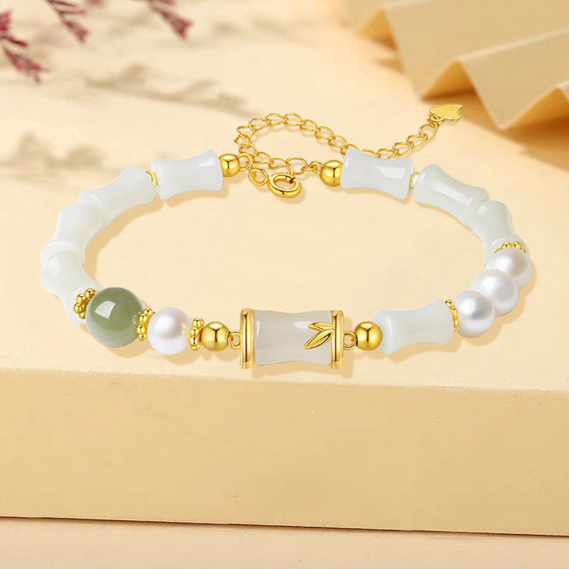 Bracelet porte-bonheur en bambou et jade blanc Hetian naturel en argent sterling 925 Buddha Stones