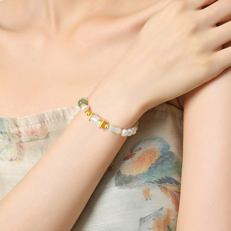 Bracelet porte-bonheur en bambou et jade blanc Hetian naturel en argent sterling 925 Buddha Stones