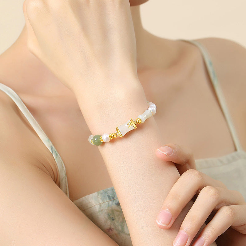 Bracelet porte-bonheur en bambou et jade blanc Hetian naturel en argent sterling 925 Buddha Stones