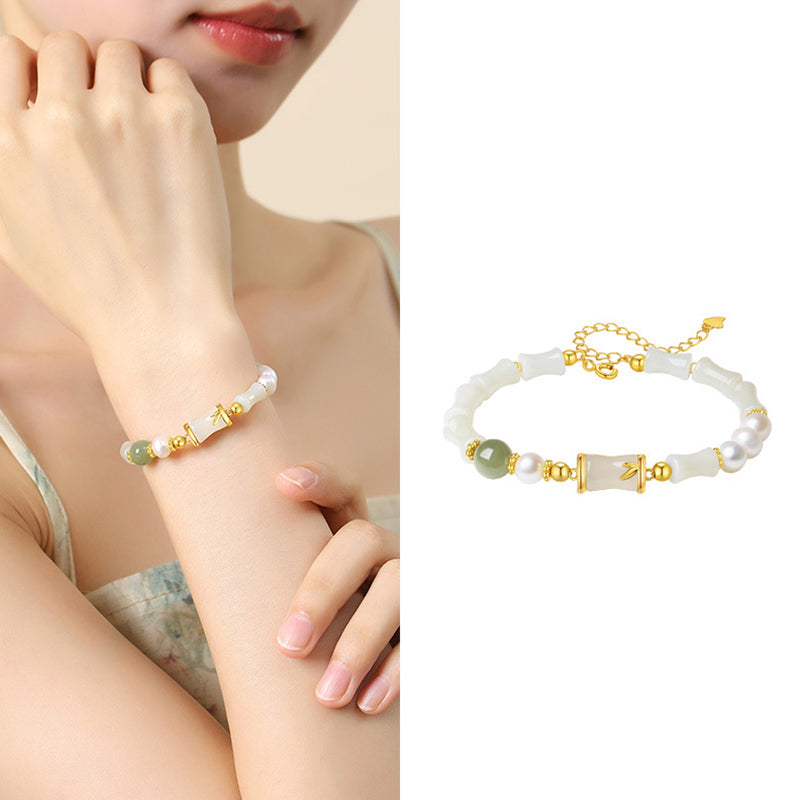 Bracelet porte-bonheur en bambou et jade blanc Hetian naturel en argent sterling 925 Buddha Stones