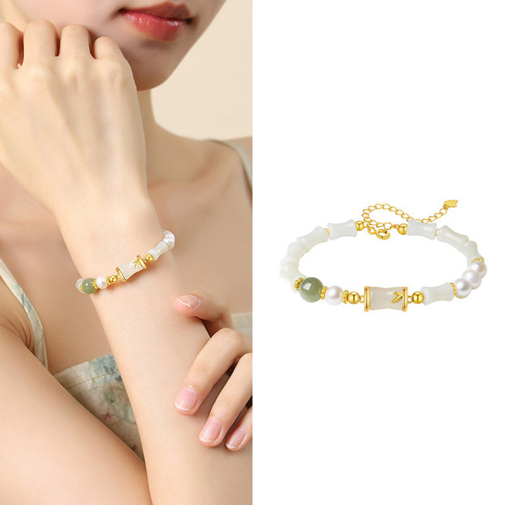 Bracelet porte-bonheur en bambou et jade blanc Hetian naturel en argent sterling 925 Buddha Stones