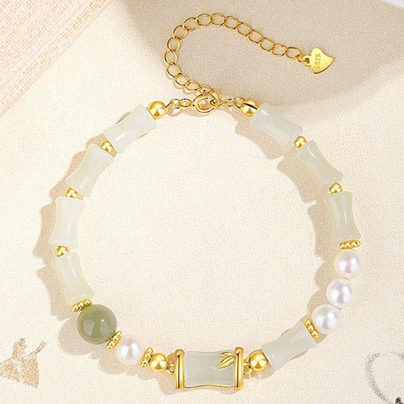 Bracelet porte-bonheur en bambou et jade blanc Hetian naturel en argent sterling 925 Buddha Stones