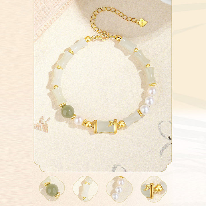 Bracelet porte-bonheur en bambou et jade blanc Hetian naturel en argent sterling 925 Buddha Stones