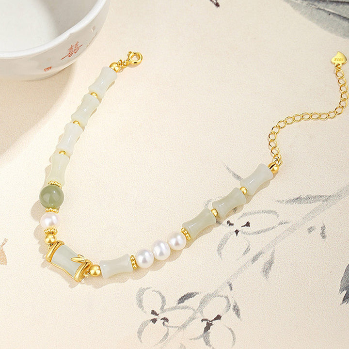 Bracelet porte-bonheur en bambou et jade blanc Hetian naturel en argent sterling 925 Buddha Stones