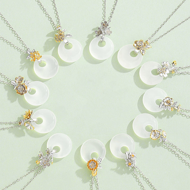 Collier pendentif en argent sterling 925 avec calcédoine ronde et harmonie des douze mois de Buddha Stones