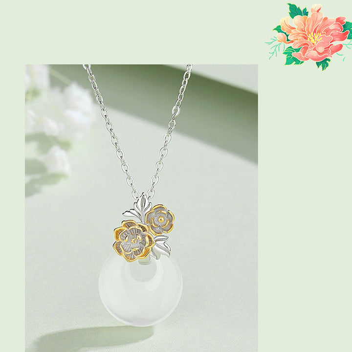 Collier pendentif en argent sterling 925 avec calcédoine ronde et harmonie des douze mois de Buddha Stones