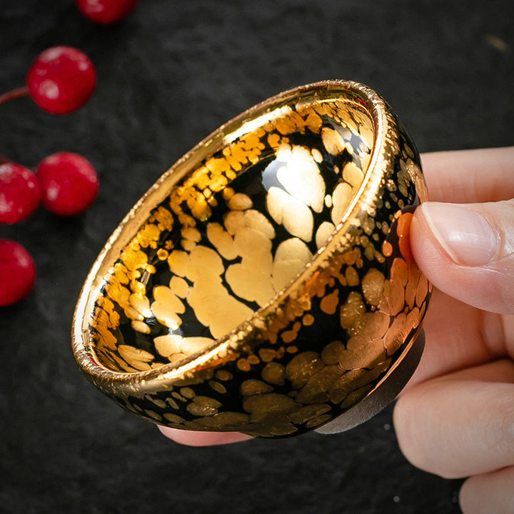 Tasse à thé en céramique chinoise Jianzhan avec motif de taches en or 24 carats et Buddha Stones , tasse à thé Kung Fu avec boîte cadeau