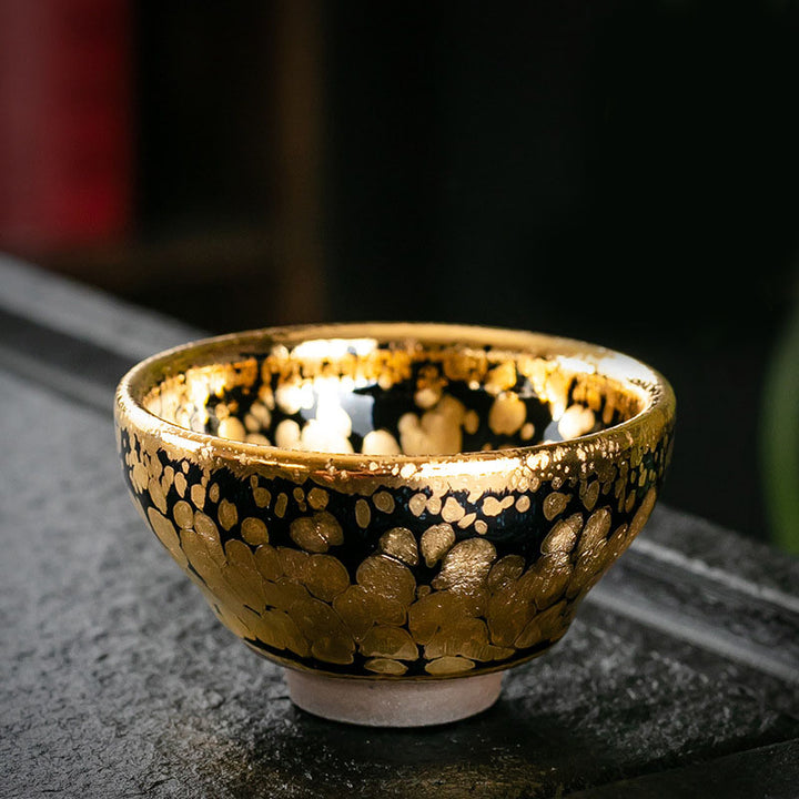 Tasse à thé en céramique chinoise Jianzhan avec motif de taches en or 24 carats et Buddha Stones , tasse à thé Kung Fu avec boîte cadeau
