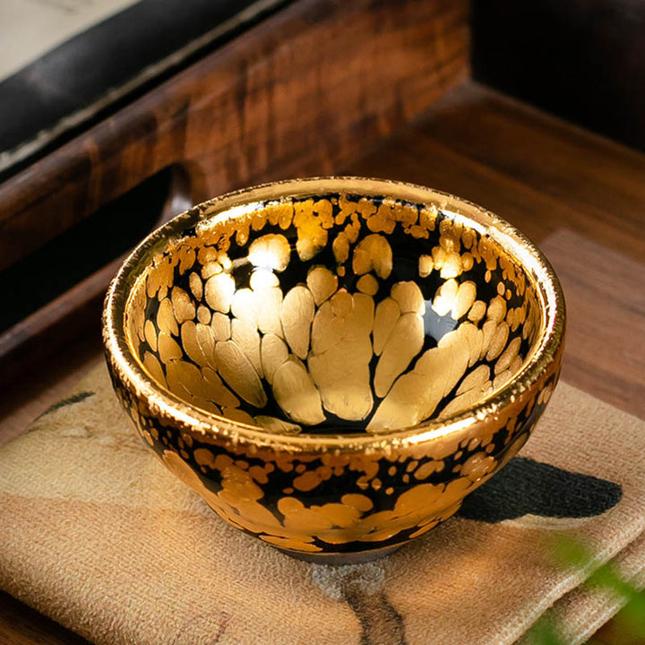 Tasse à thé en céramique chinoise Jianzhan avec motif de taches en or 24 carats et Buddha Stones , tasse à thé Kung Fu avec boîte cadeau