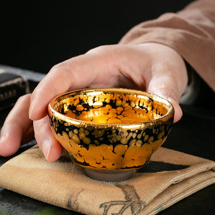 Tasse à thé en céramique chinoise Jianzhan avec motif de taches en or 24 carats et Buddha Stones , tasse à thé Kung Fu avec boîte cadeau