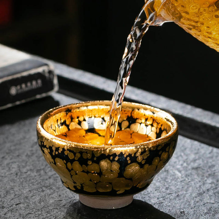 Tasse à thé en céramique chinoise Jianzhan avec motif de taches en or 24 carats et Buddha Stones , tasse à thé Kung Fu avec boîte cadeau