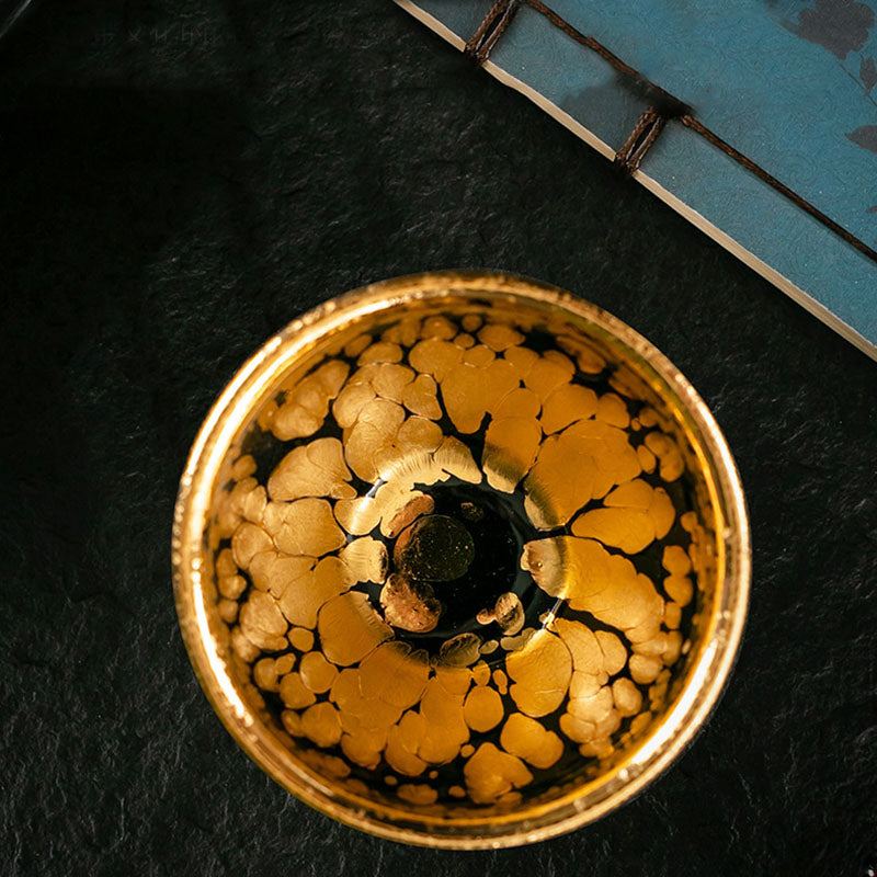 Tasse à thé en céramique chinoise Jianzhan avec motif de taches en or 24 carats et Buddha Stones , tasse à thé Kung Fu avec boîte cadeau