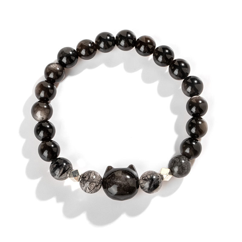 Bracelet de protection en obsidienne argentée naturelle avec tête de chat Buddha Stones - image 6