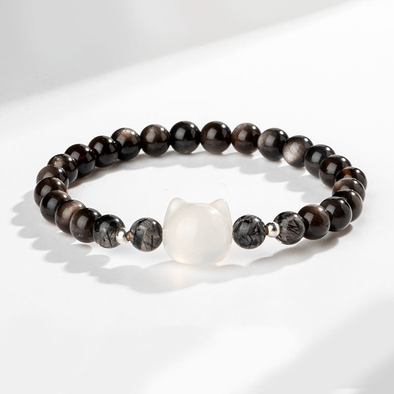 Bracelet de protection en obsidienne argentée naturelle avec tête de chat Buddha Stones - Obsidienne argentée et agate blanche (tour de poignet 14-15 cm) - image 7