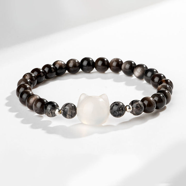 Bracelet de protection en obsidienne argentée naturelle avec tête de chat Buddha Stones - Obsidienne argentée et agate blanche (tour de poignet 14-15 cm) - image 7