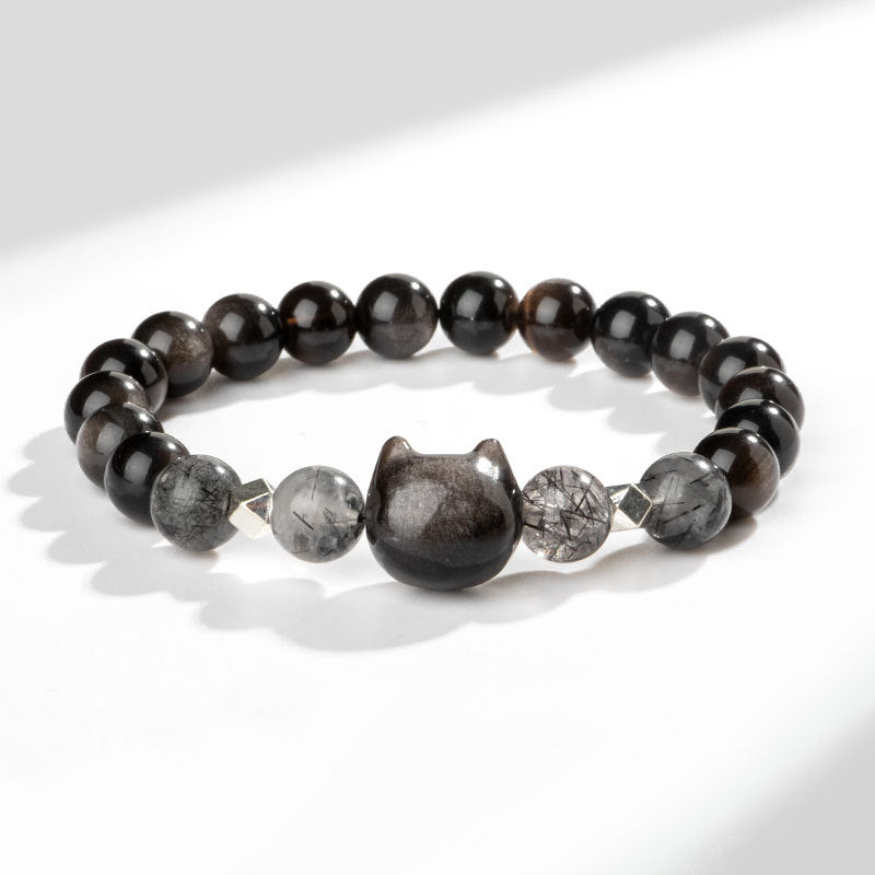 Bracelet de protection en obsidienne argentée naturelle avec tête de chat Buddha Stones - Obsidienne argentée (tour de poignet 14-15 cm) - image 1
