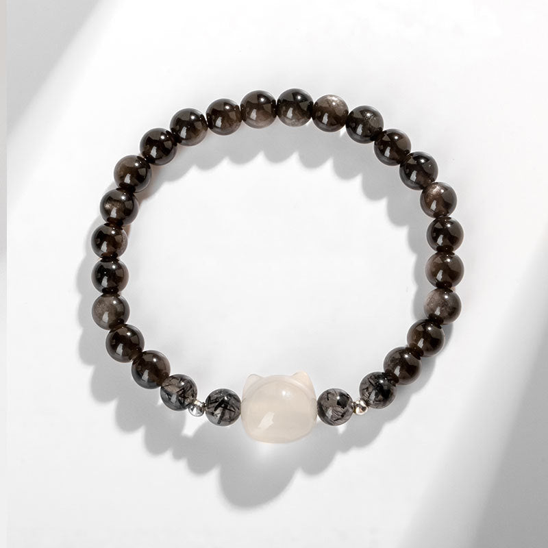 Bracelet de protection en obsidienne argentée naturelle avec tête de chat Buddha Stones - image 8
