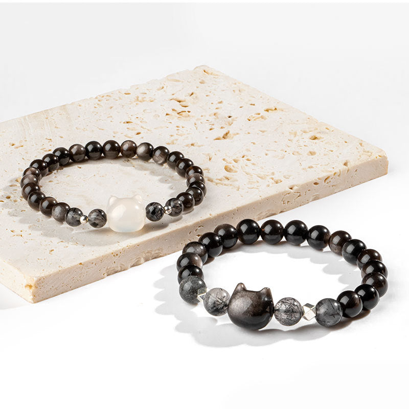 Bracelet de protection en obsidienne argentée naturelle avec tête de chat Buddha Stones - image 10