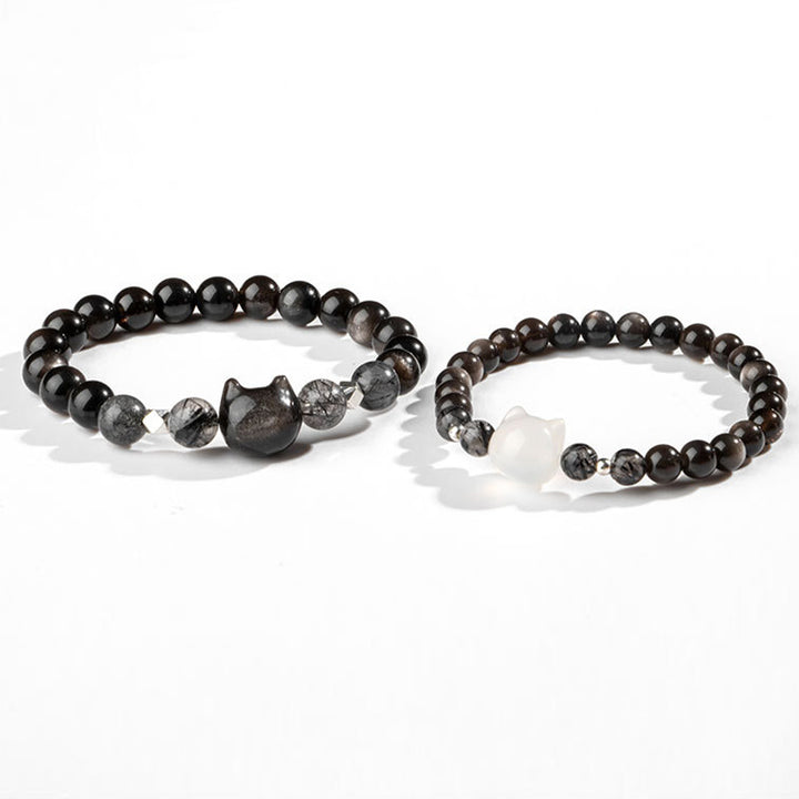 Bracelet de protection en obsidienne argentée naturelle avec tête de chat Buddha Stones - image 9