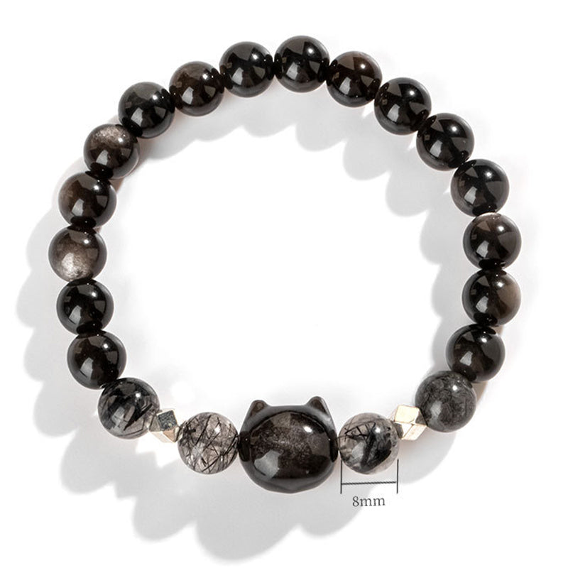 Bracelet de protection en obsidienne argentée naturelle avec tête de chat Buddha Stones - image 5