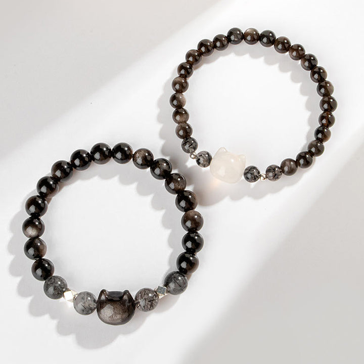 Bracelet de protection en obsidienne argentée naturelle avec tête de chat Buddha Stones - image 2
