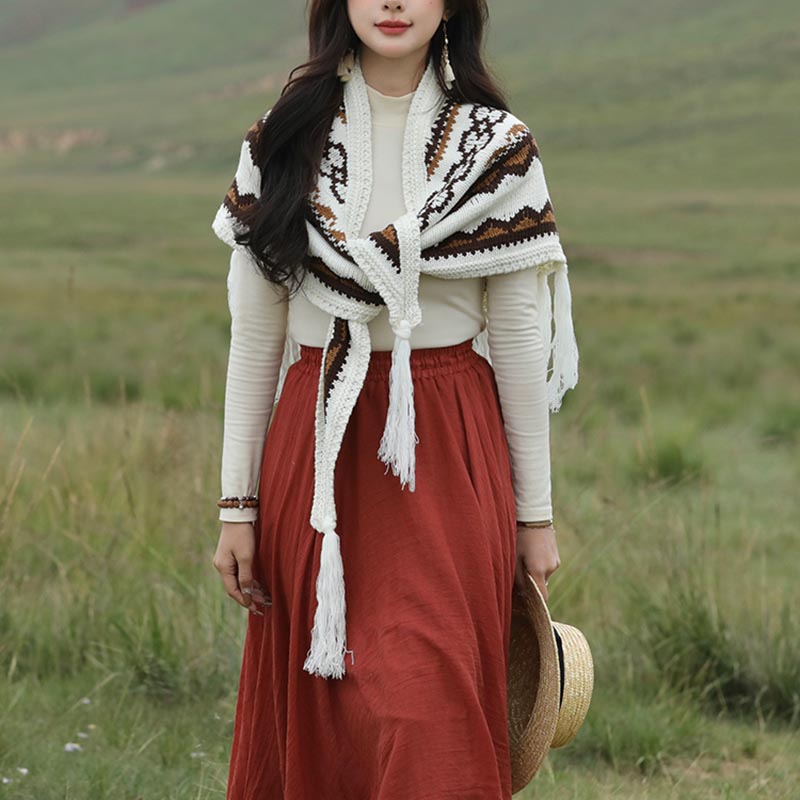 Châle triangulaire tibétain à rayures avec Buddha Stones et pompons pour l'hiver - image 1